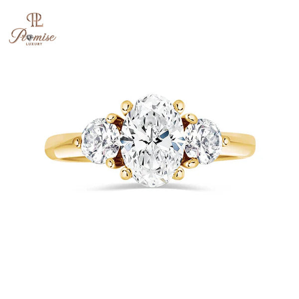 Elegant Oval & Round Three Stone Ring - Vintage Style Bridal Ring