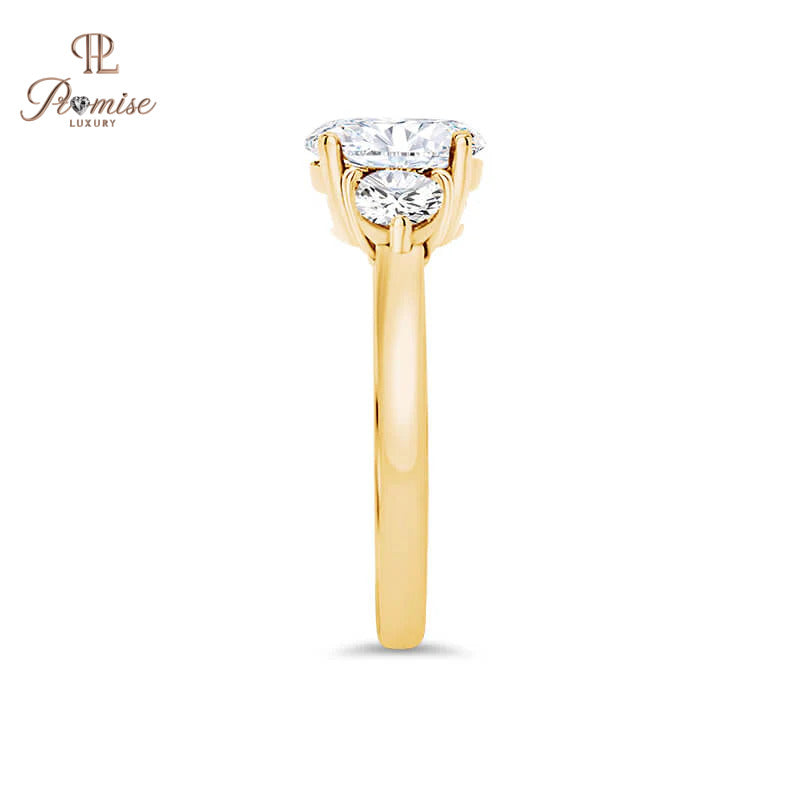 Elegant Oval & Round Three Stone Ring - Vintage Style Bridal Ring