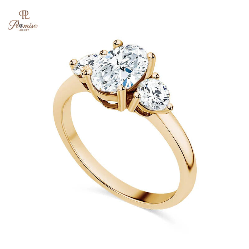 Elegant Oval & Round Three Stone Ring - Vintage Style Bridal Ring