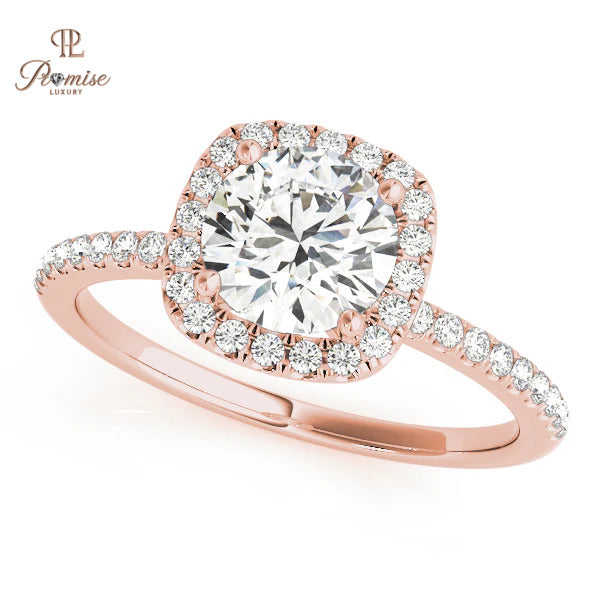 Cushion Shape Halo Diamond Ring with Band Diamonds – Elegant Engagement Jewelry