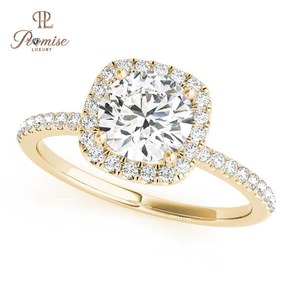 Cushion Shape Halo Diamond Ring with Band Diamonds – Elegant Engagement Jewelry