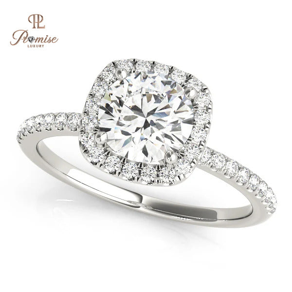 Cushion Shape Halo Diamond Ring with Band Diamonds – Elegant Engagement Jewelry