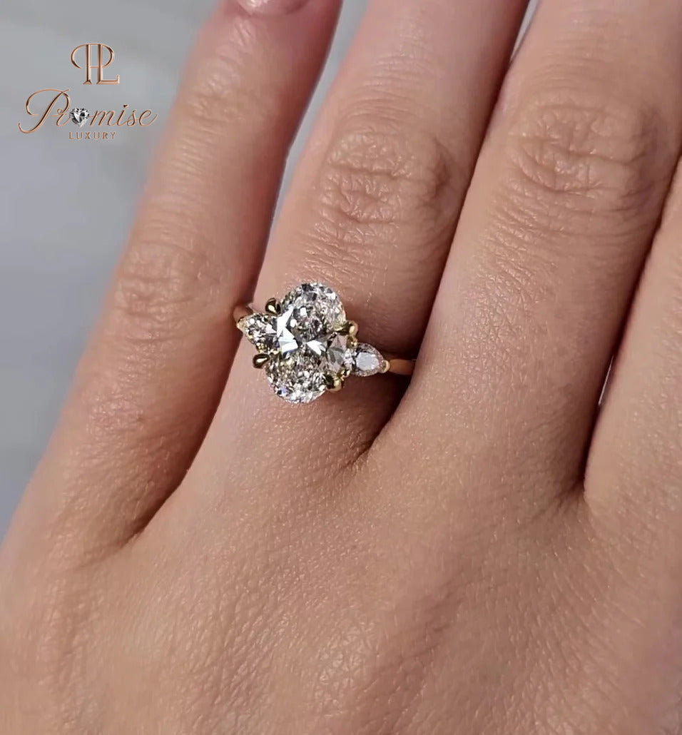 Three Stone Oval Lab Diamond Ring with Pear Side Diamonds - 14K Gold Trilogy Ring