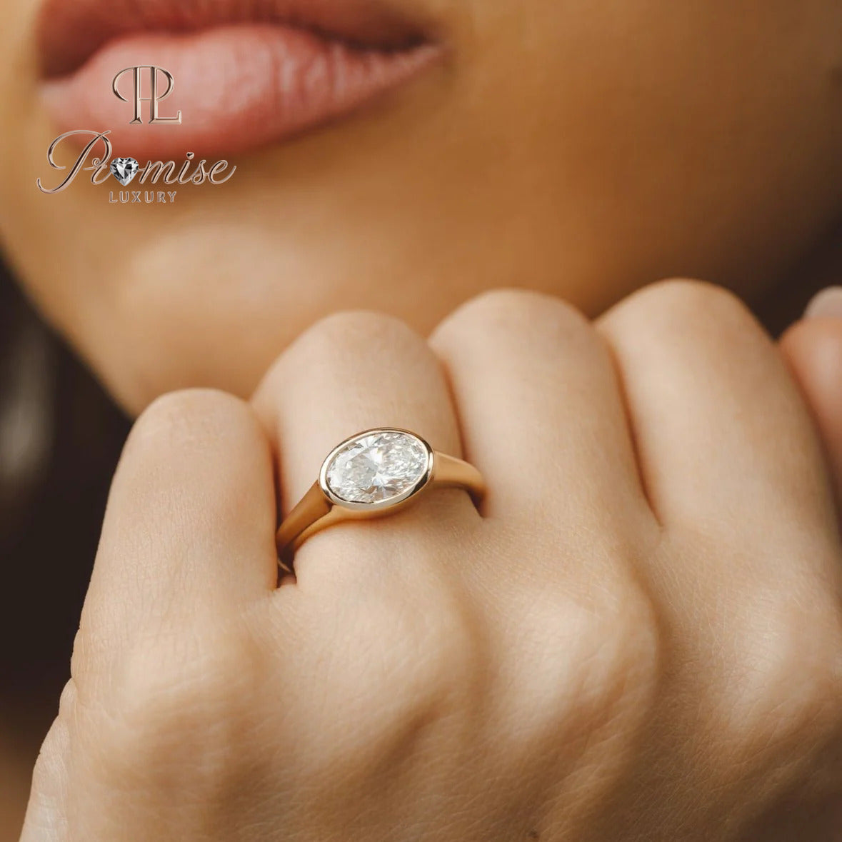 Oval Bezel set East West Engagement Ring - Unique Signet Style Gold Ring