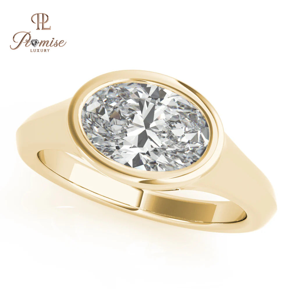 Oval Bezel set East West Engagement Ring - Unique Signet Style Gold Ring