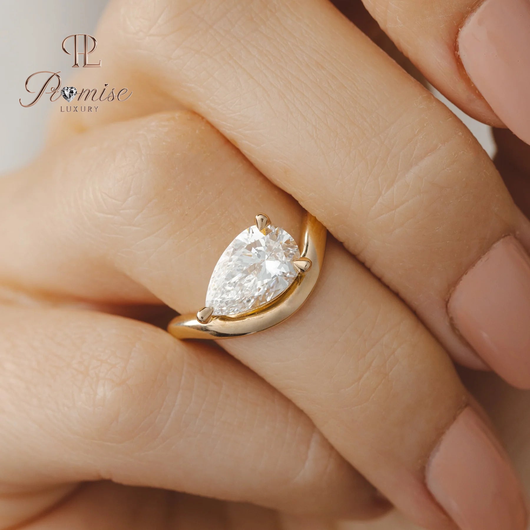Unique Pear Diamond Curved Wedding Band – Contour Ring in 14K White Gold