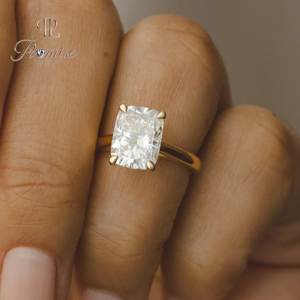 Elongated Cushion Diamond Engagement Ring – Classic 14K Gold Hidden halo Ring