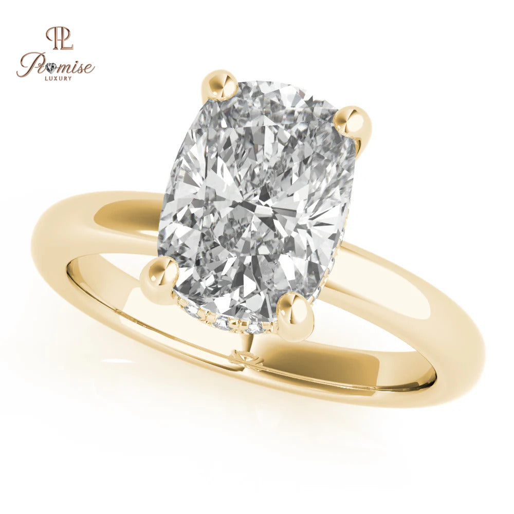 Elongated Cushion Diamond Engagement Ring – Classic 14K Gold Hidden halo Ring