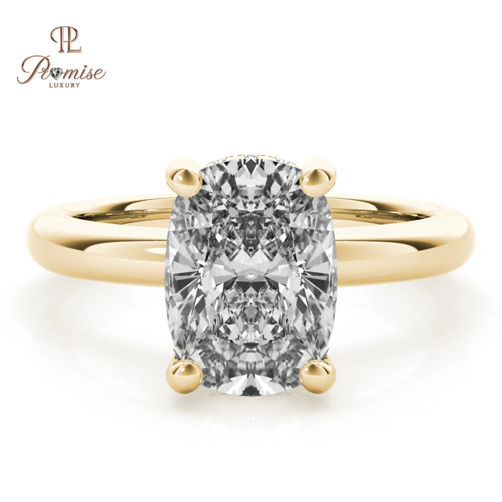 Elongated Cushion Diamond Engagement Ring – Classic 14K Gold Hidden halo Ring