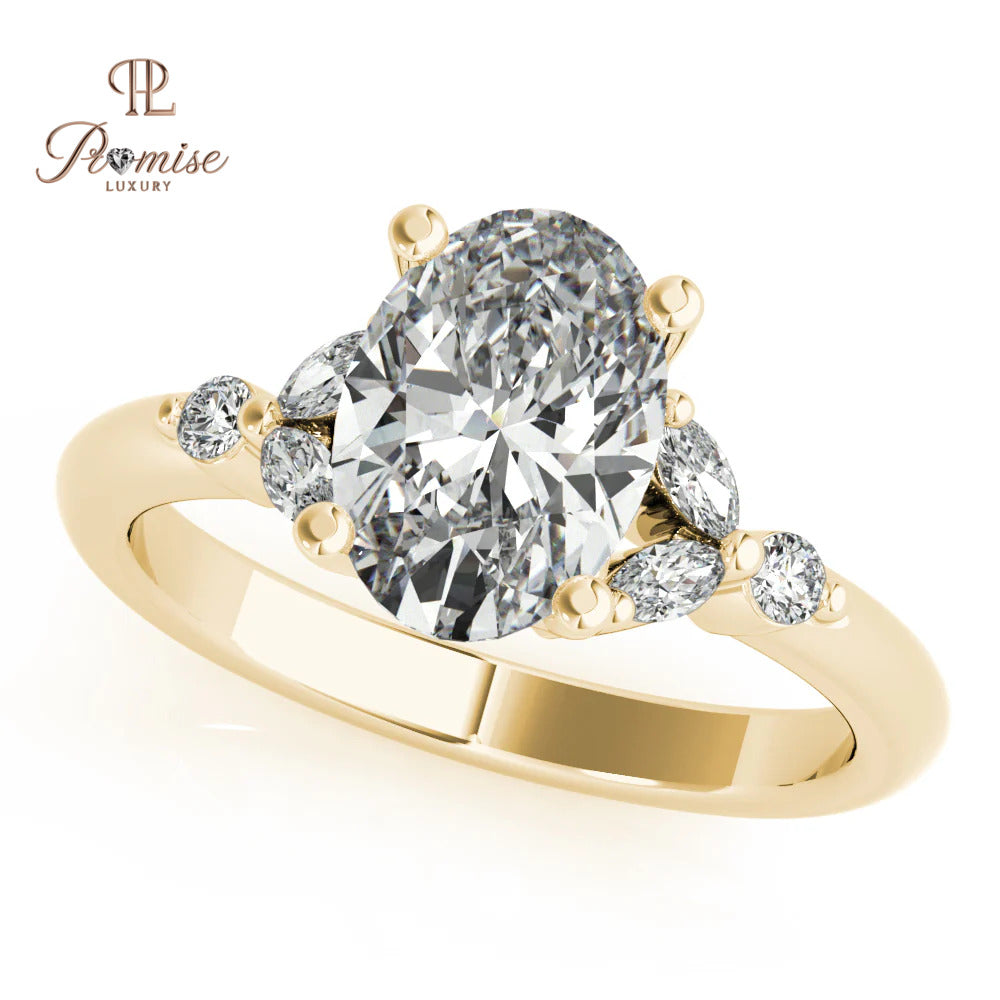 Oval Diamond Engagement Ring with Marquise & Round Side Diamonds – Antique Style Gold Ring