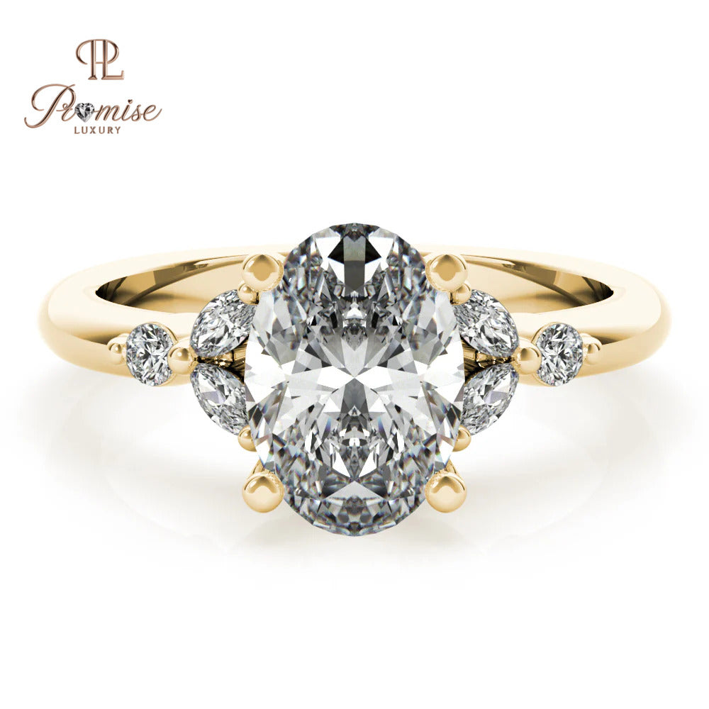 Oval Diamond Engagement Ring with Marquise & Round Side Diamonds – Antique Style Gold Ring
