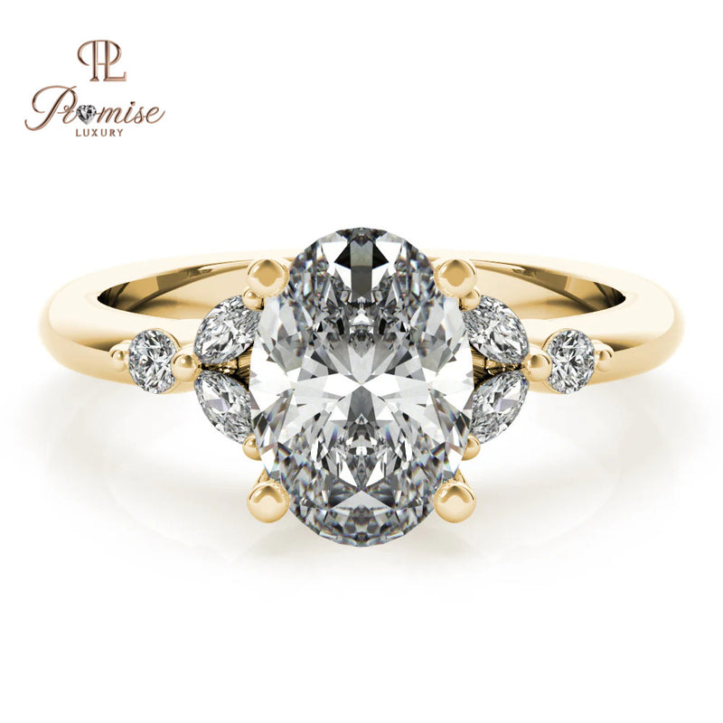 Oval Diamond Engagement Ring with Marquise & Round Side Diamonds – Antique Style Gold Ring