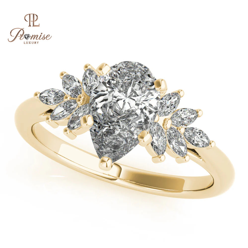 Pear Diamond Ring with Side Marquise Clusters – Luxury Engagement Ring for Women