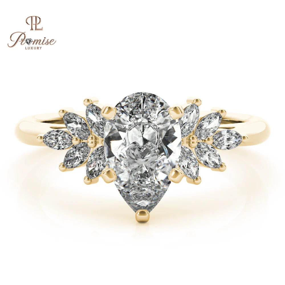 Pear Diamond Ring with Side Marquise Clusters – Luxury Engagement Ring for Women
