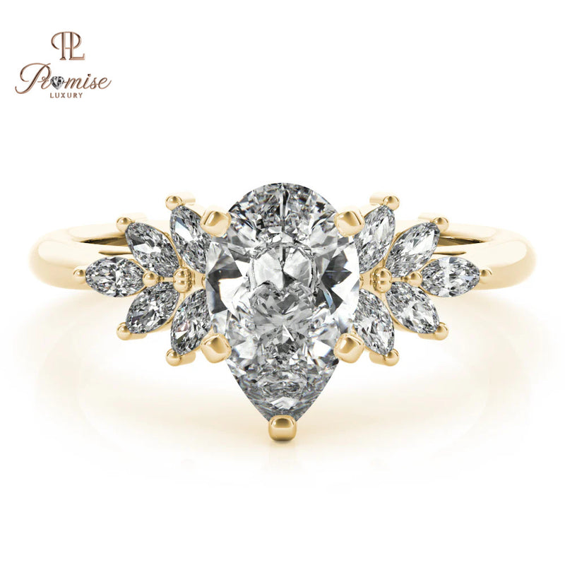 Pear Diamond Ring with Side Marquise Clusters – Luxury Engagement Ring for Women