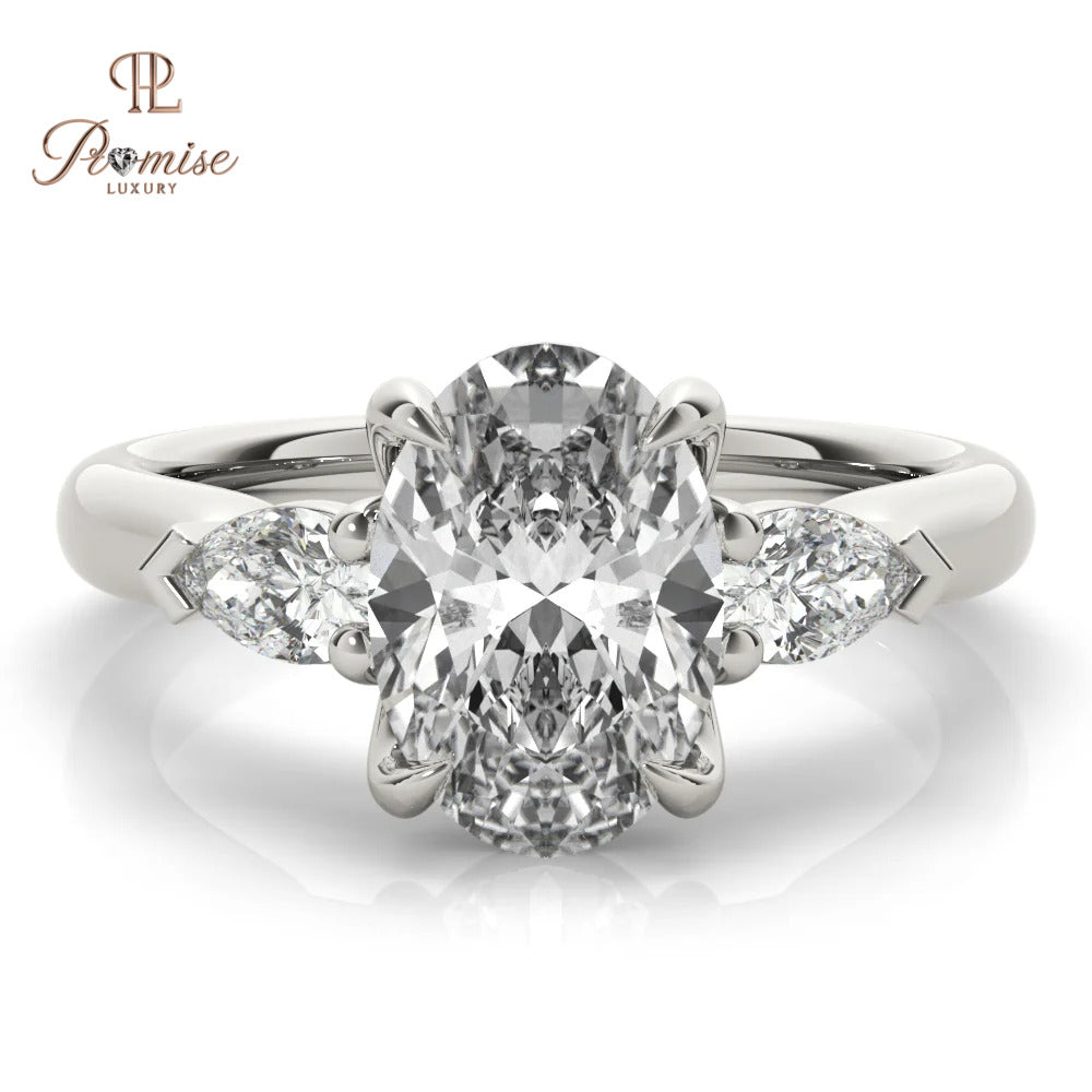 Three Stone Oval Lab Diamond Ring with Pear Side Diamonds - 14K Gold Trilogy Ring