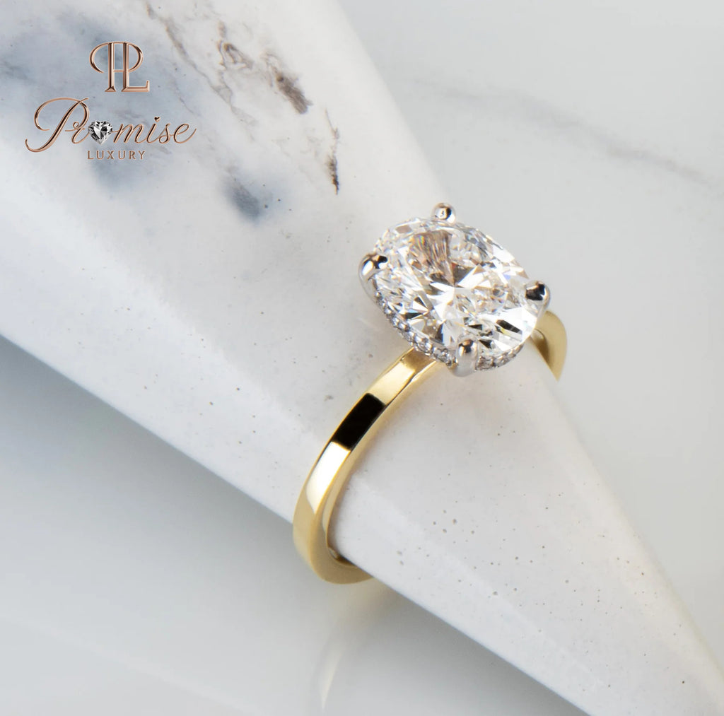 Oval Diamond Hidden Halo Engagement Ring, Oval Cut Diamond Ring, 14K Gold Bridal Ring, Unique Wedding Ring for Women