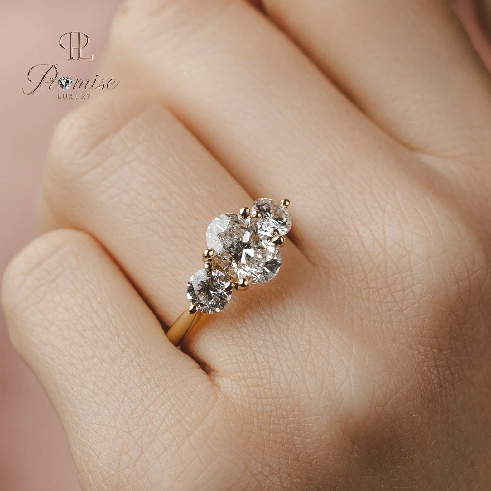 Three Stone Oval Diamond Engagement Ring with Round Accents – Classic Bridal Ring