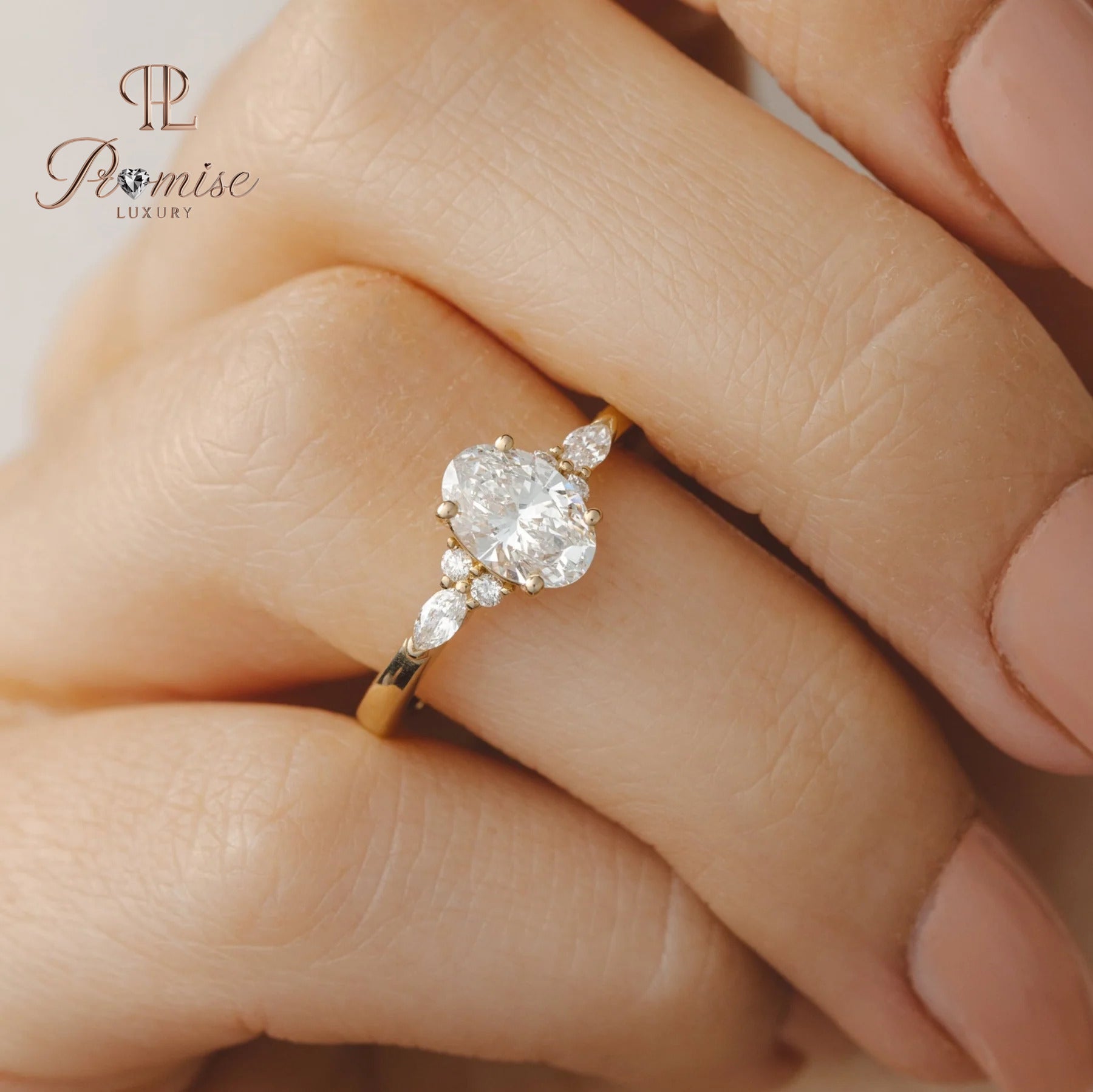Oval Cut Lab-Grown Diamond Engagement Ring – Round & Marquise Side Diamond Bridal Ring