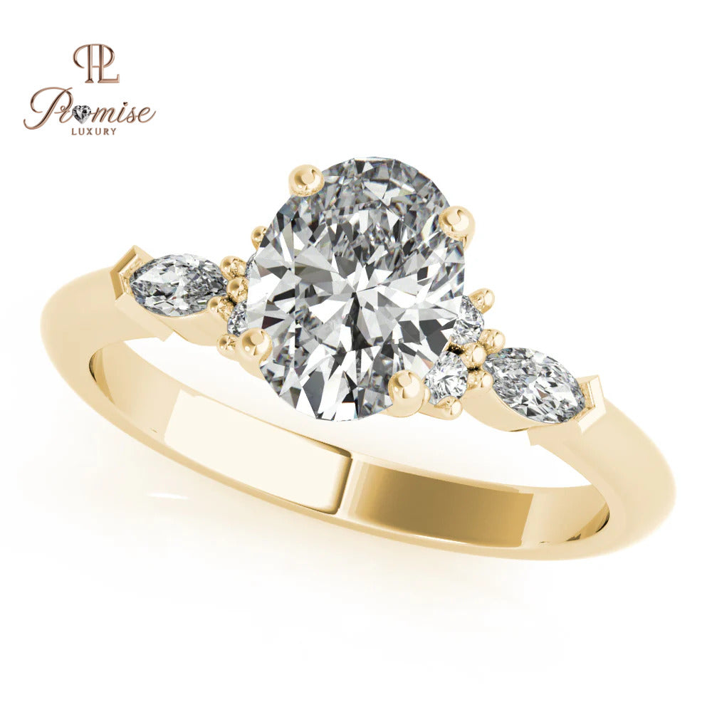 Oval Cut Lab-Grown Diamond Engagement Ring – Round & Marquise Side Diamond Bridal Ring
