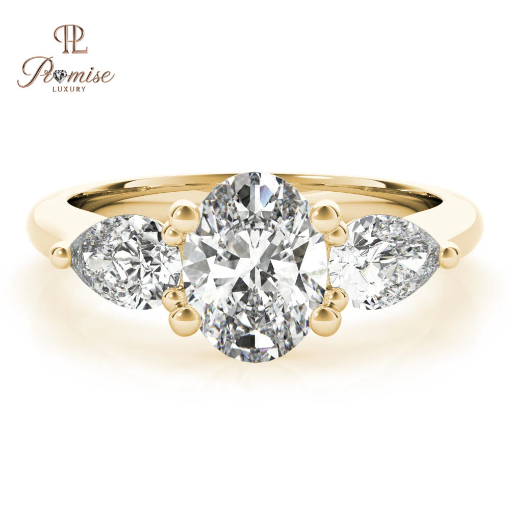 Three Stone Oval & Pear Cut Diamond Ring – Unique Engagement Ring for Women