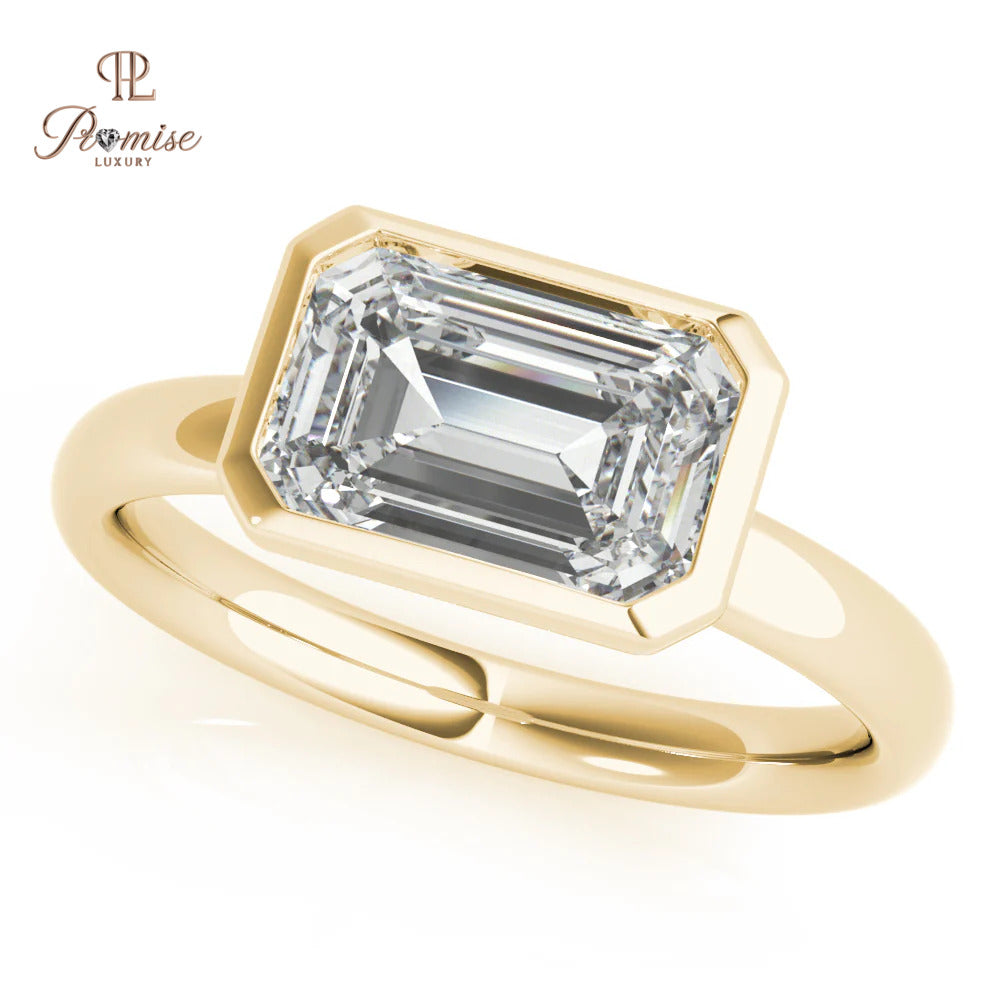 East West Emerald Cut Engagement Ring - Bezel Set Diamond Ring For Women