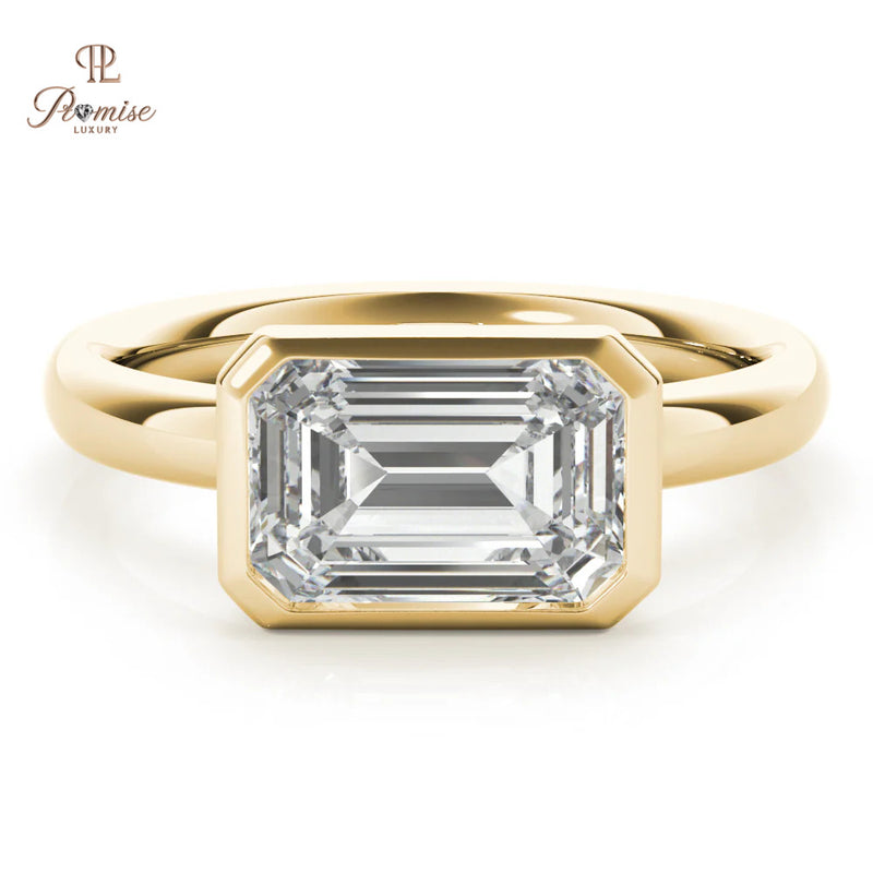 East West Emerald Cut Engagement Ring - Bezel Set Diamond Ring For Women