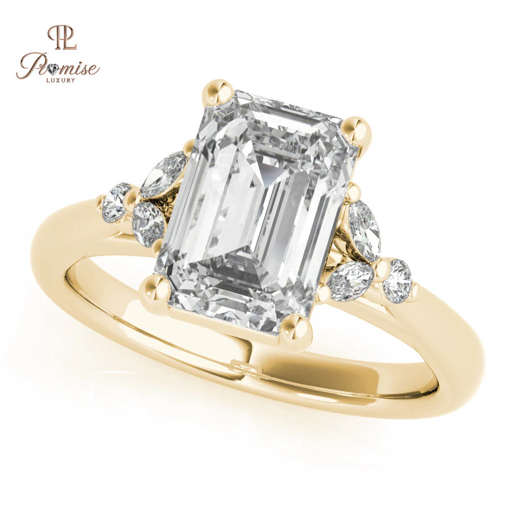 Luxury Emerald Cut Diamond Ring with Round & Marquise Side Stones – Elegant Wedding Ring