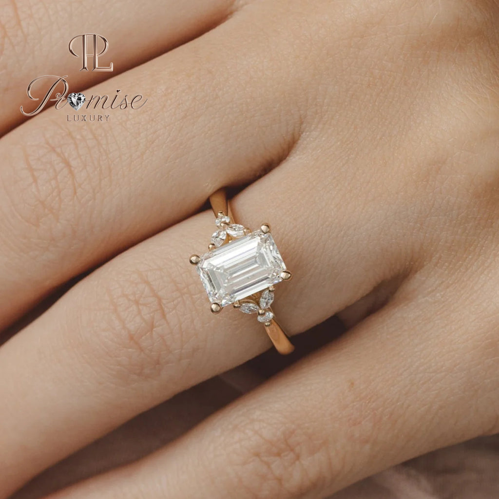 Luxury Emerald Cut Diamond Ring with Round & Marquise Side Stones – Elegant Wedding Ring