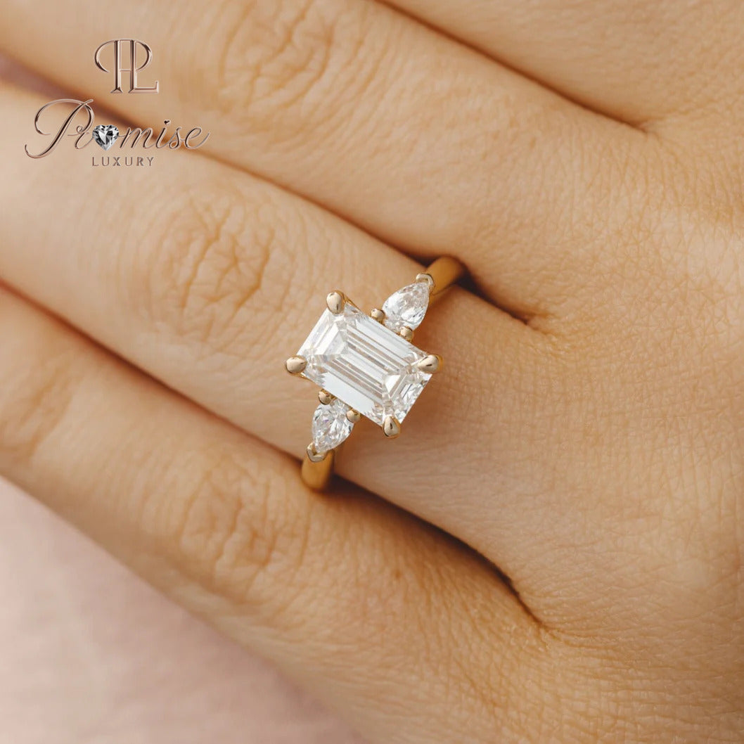 Three Stone Emerald Cut Diamond with Long Pear Engagement Ring in 14K Gold – Unique Bridal Ring