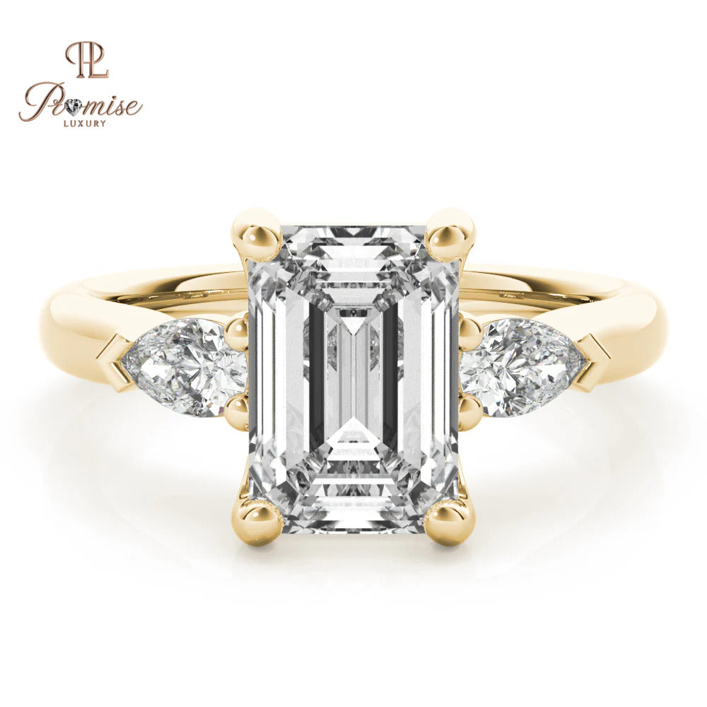 Three Stone Emerald Cut Diamond with Long Pear Engagement Ring in 14K Gold – Unique Bridal Ring