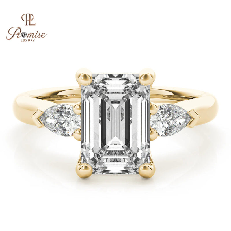 Three Stone Emerald Cut Diamond with Long Pear Engagement Ring in 14K Gold – Unique Bridal Ring