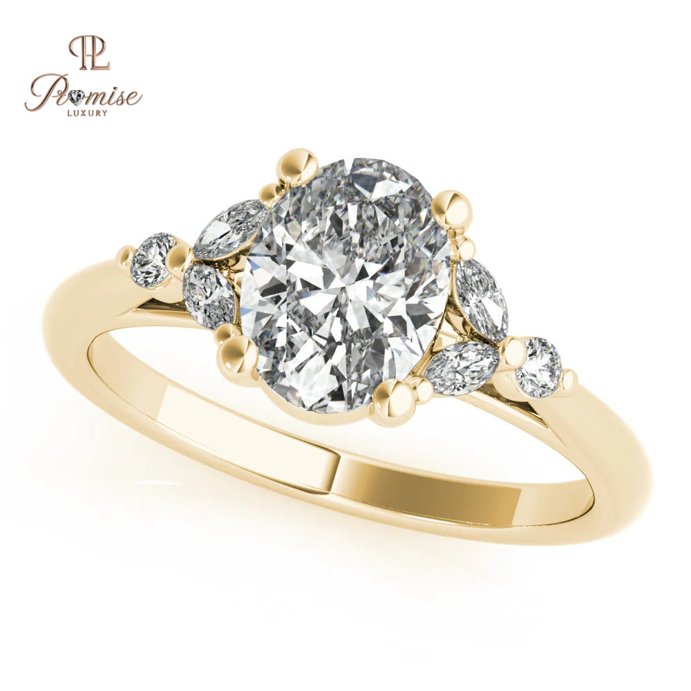 Antique Oval Cut Lab Grown Diamond Engagement Ring, Oval with Marquise & Round Side Diamonds Wedding Ring,