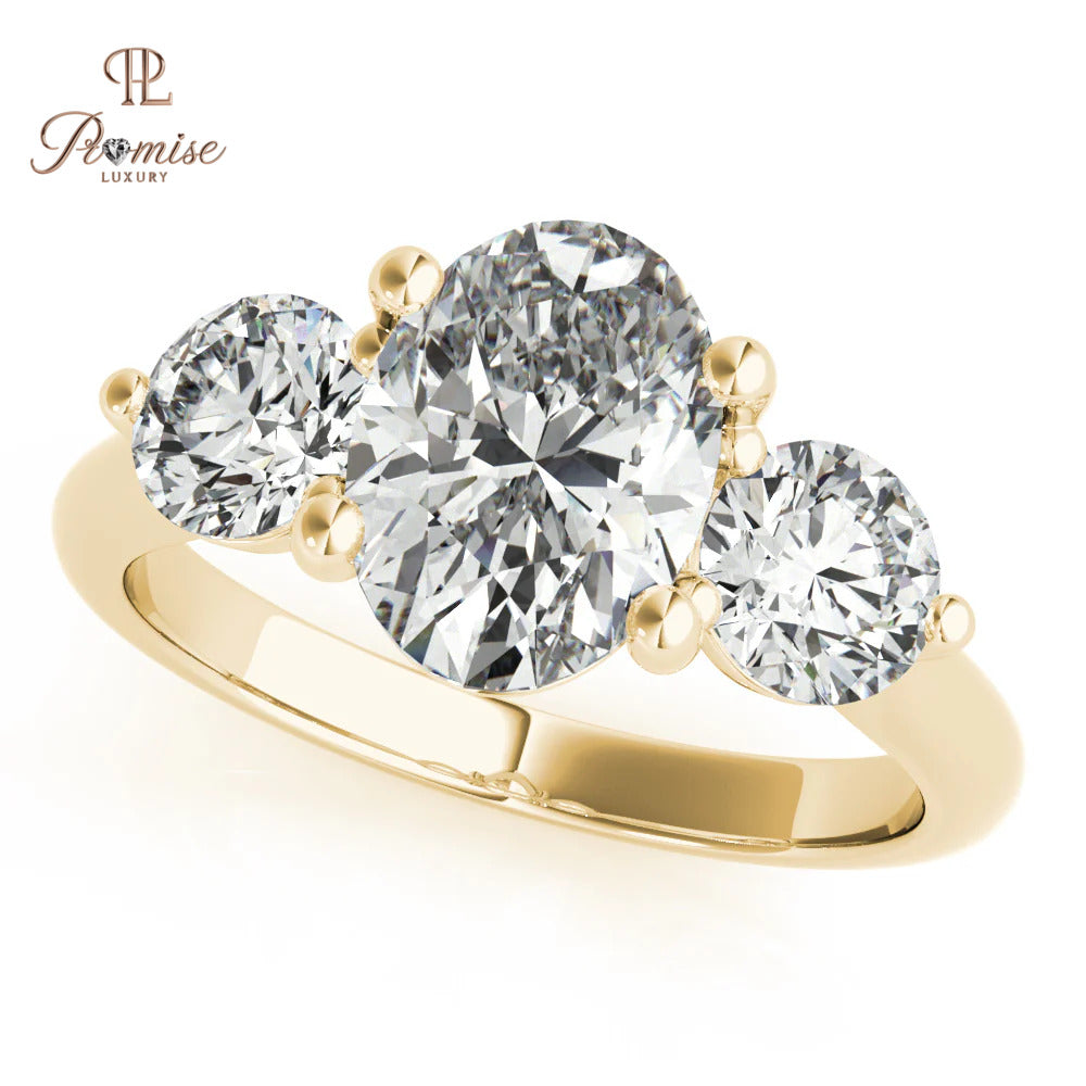 Three Stone Oval Diamond Engagement Ring with Round Accents – Classic Bridal Ring