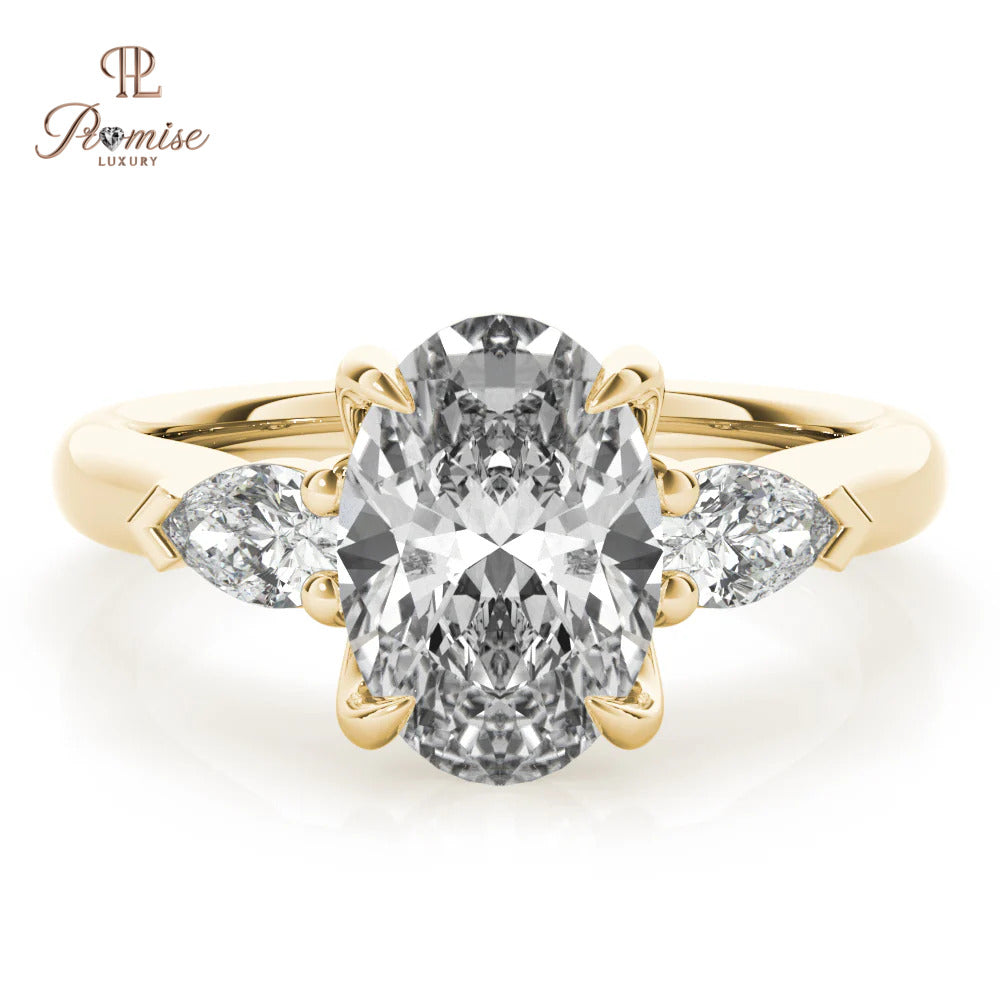 Three Stone Oval Lab Diamond Ring with Pear Side Diamonds - 14K Gold Trilogy Ring