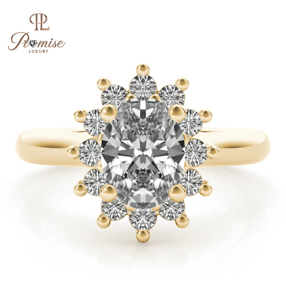 Flower Shape Halo Oval cut Diamond Ring - Unique Bridal Engagement Ring