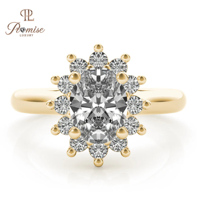 Flower Shape Halo Oval cut Diamond Ring - Unique Bridal Engagement Ring
