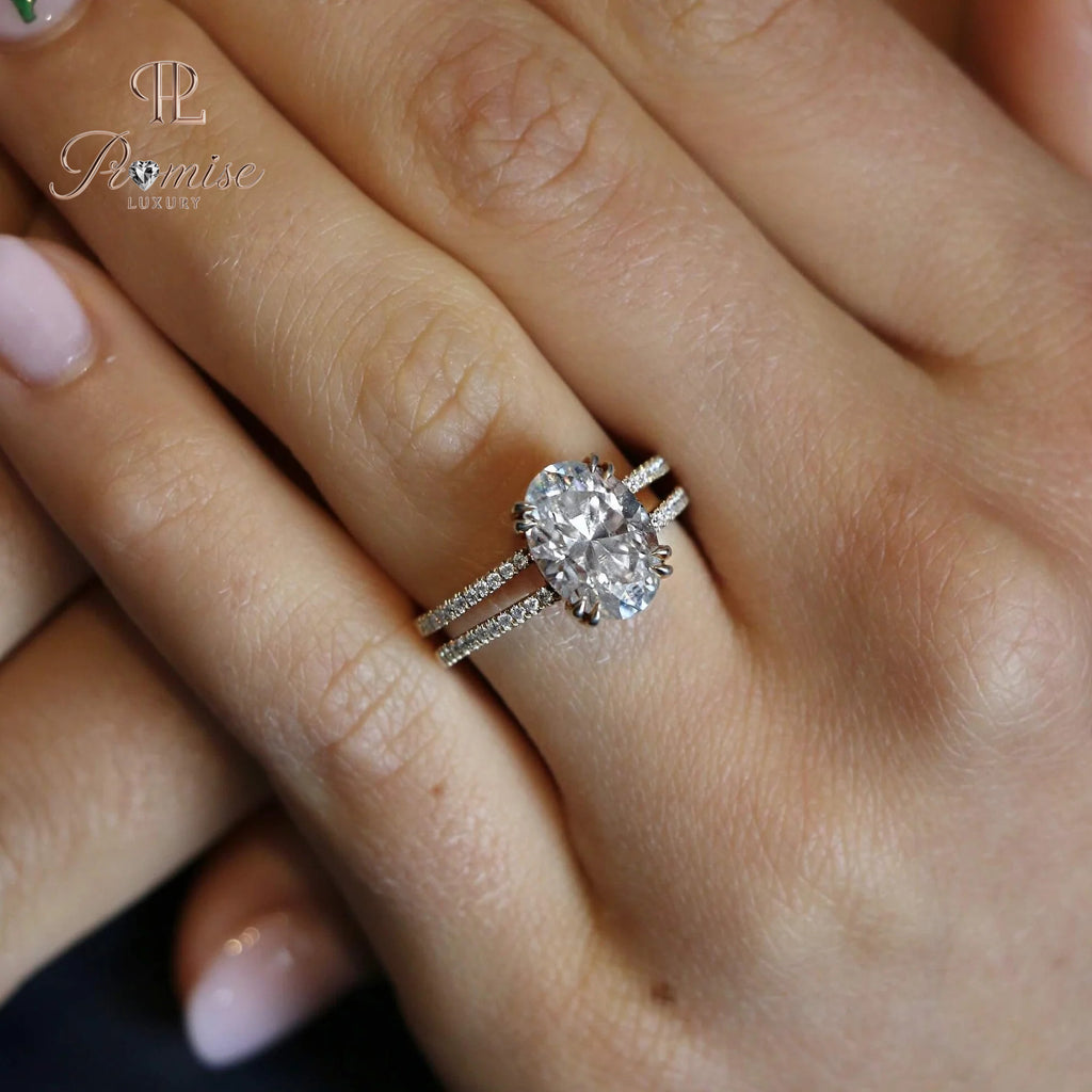 Oval Cut Solitaire Ring with Double Pavé Band – Luxury Engagement Ring