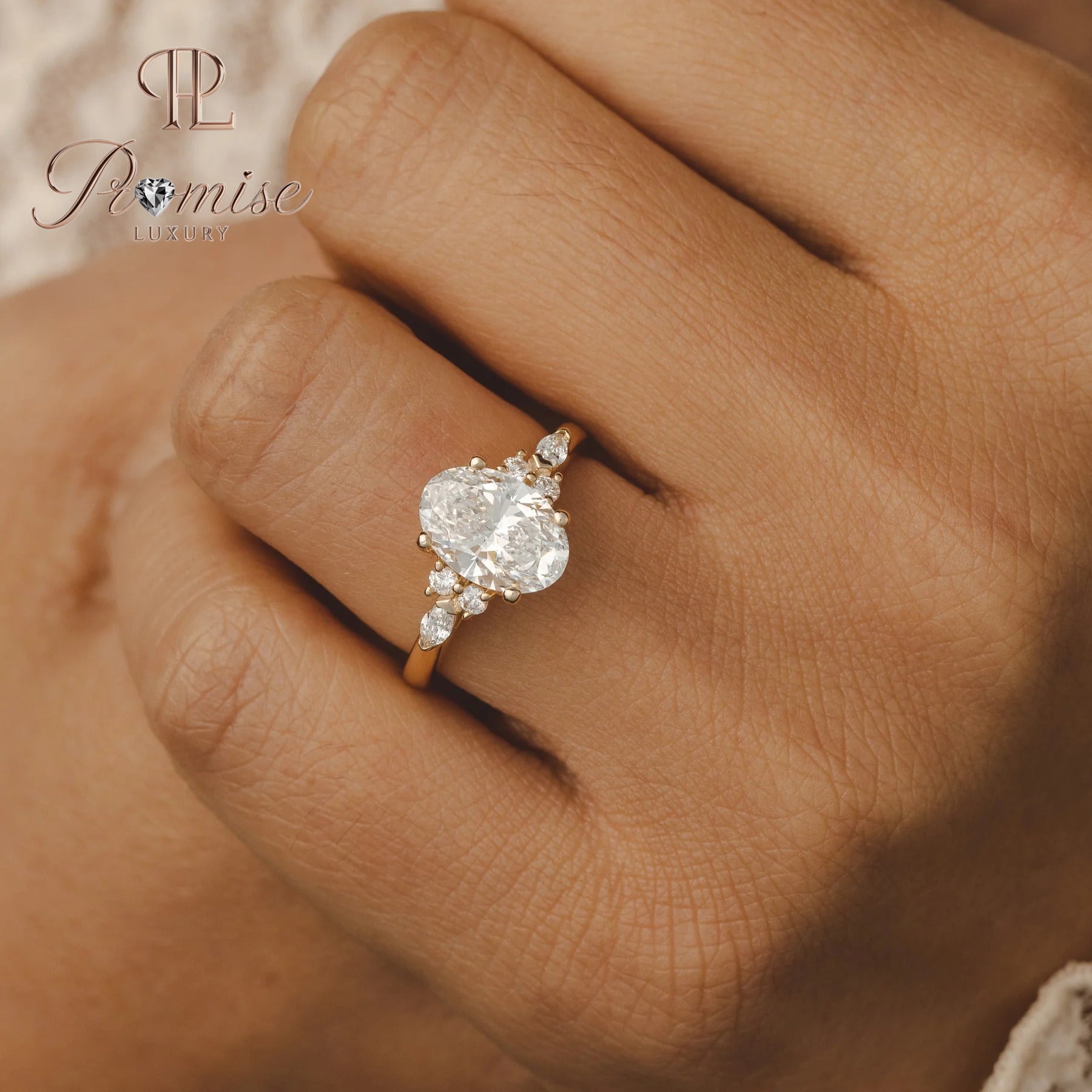 Oval Cut Lab-Grown Diamond Engagement Ring – Round & Marquise Side Diamond Bridal Ring