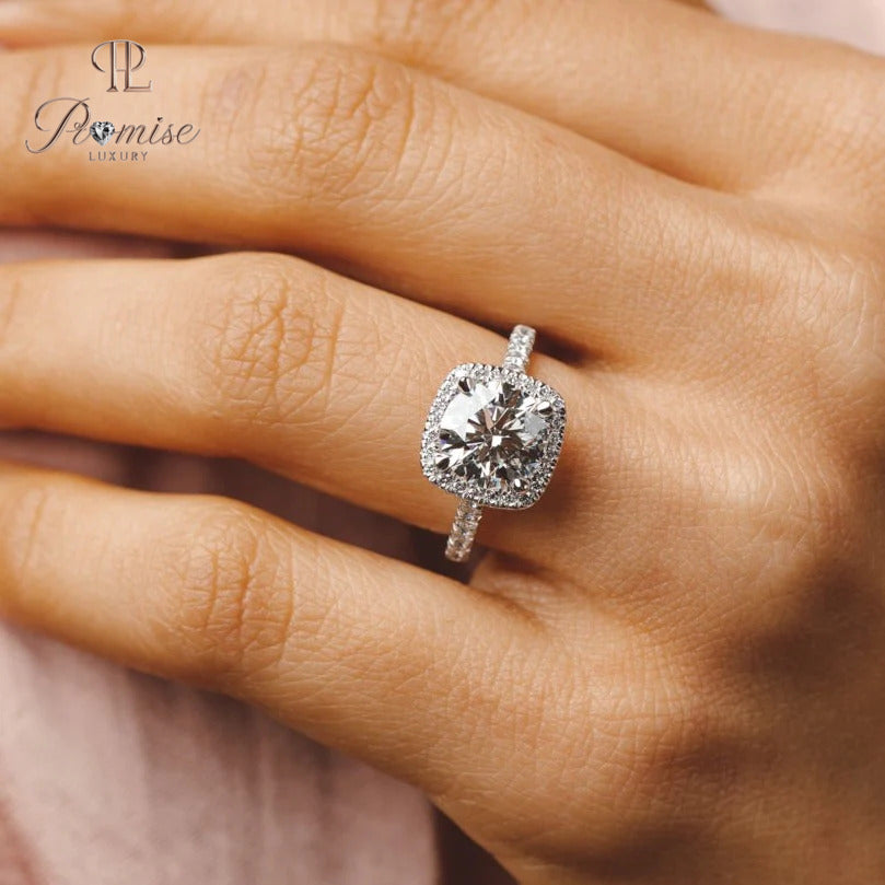 Cushion Shape Halo Diamond Ring with Band Diamonds – Elegant Engagement Jewelry