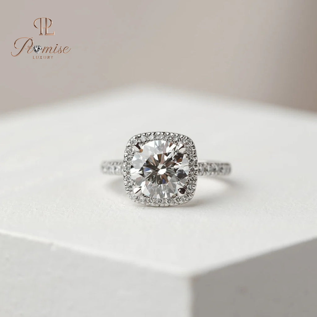 Cushion Shape Halo Diamond Ring with Band Diamonds – Elegant Engagement Jewelry