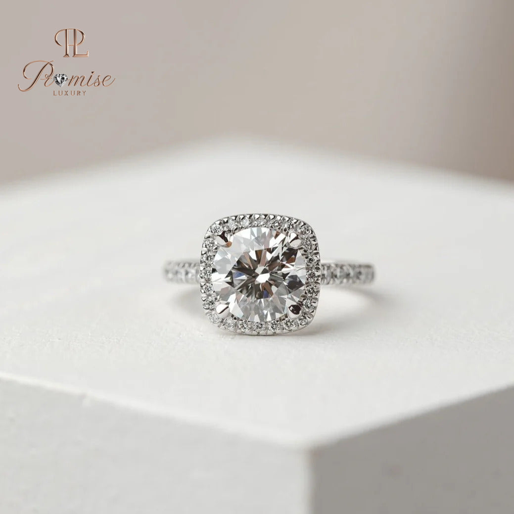 Cushion Shape Halo Diamond Ring with Band Diamonds – Elegant Engagement Jewelry