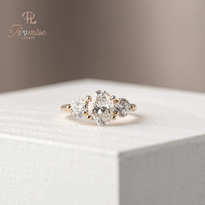 Three Stone Oval Diamond Engagement Ring with Round Accents – Classic Bridal Ring