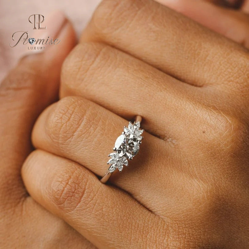 Elegant Round Diamond Engagement Ring – Trio Marquise Accents