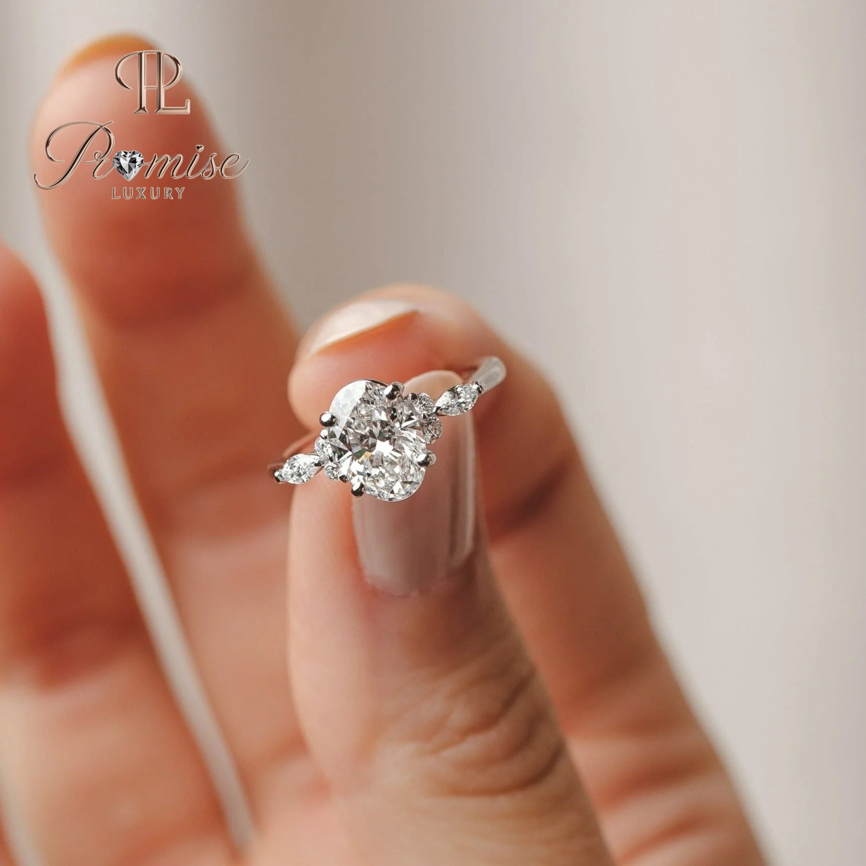 Oval Cut Lab-Grown Diamond Engagement Ring – Round & Marquise Side Diamond Bridal Ring