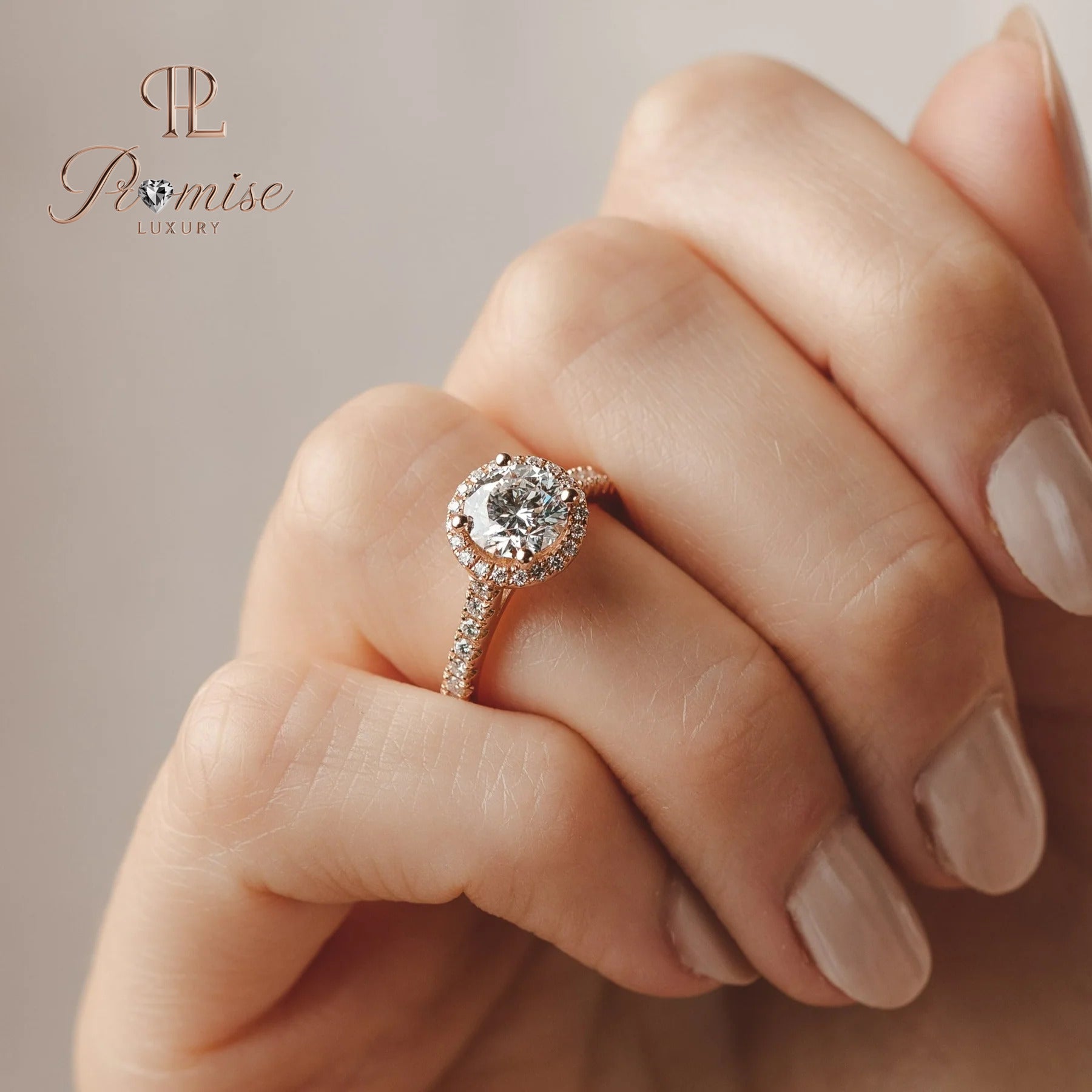 Round Cut Lab Diamond Halo Ring with Accent Stones – Engagement & Wedding Ring