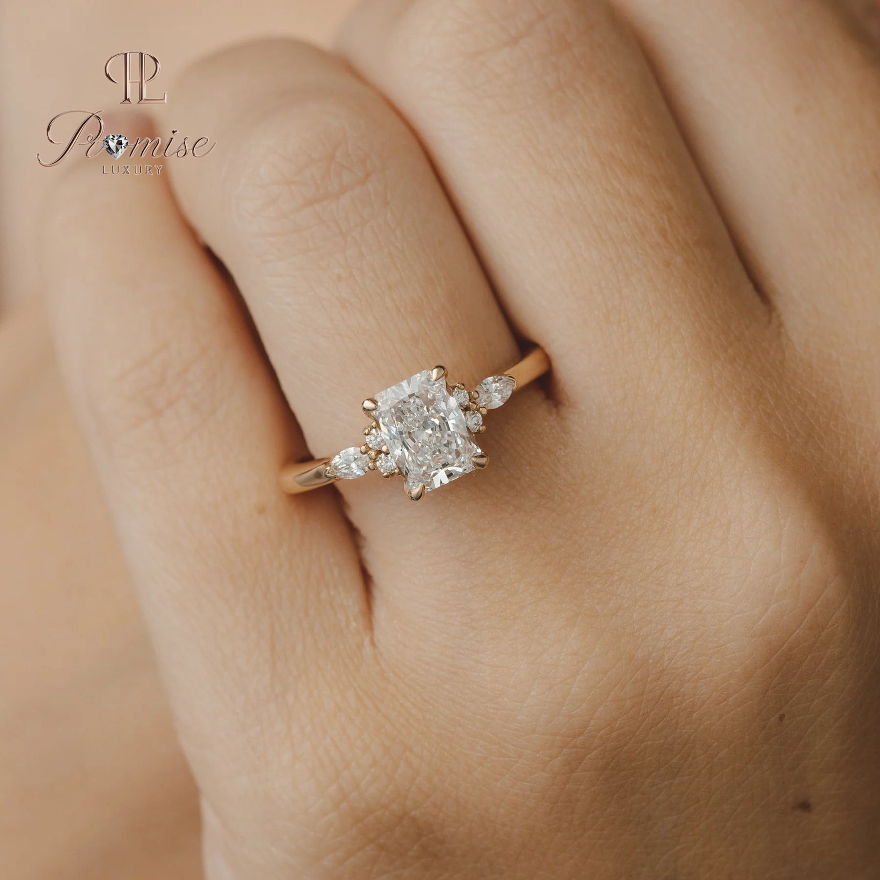 Radiant Cut Diamond Engagement Ring with Round & Marquise Side Stones