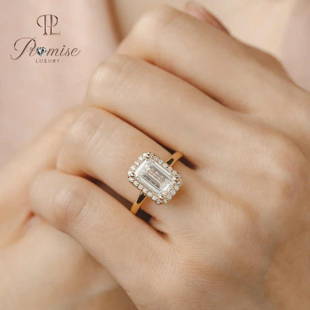 Emerald Cut Halo Diamond Ring – Minimalist Elegant Engagement Ring