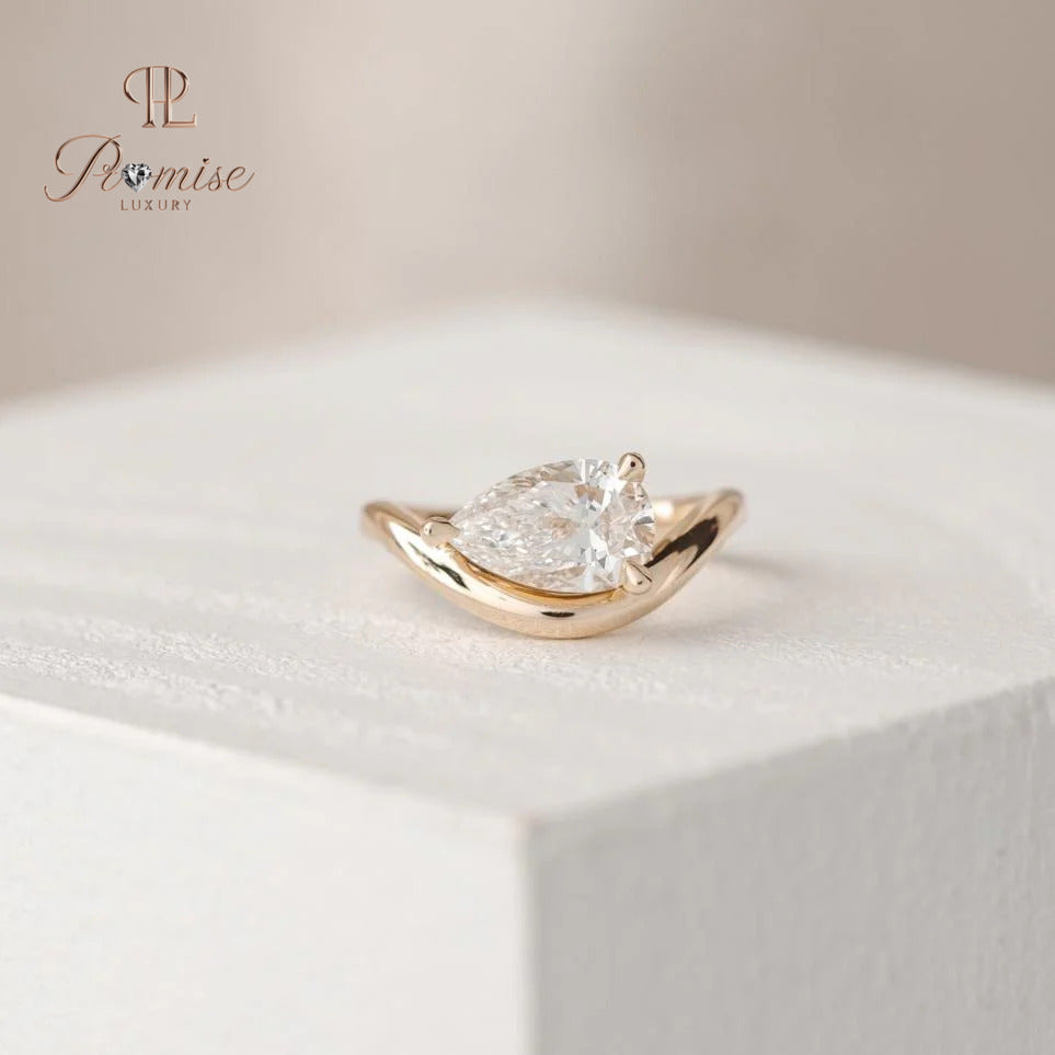 Unique Pear Diamond Curved Wedding Band – Contour Ring in 14K White Gold
