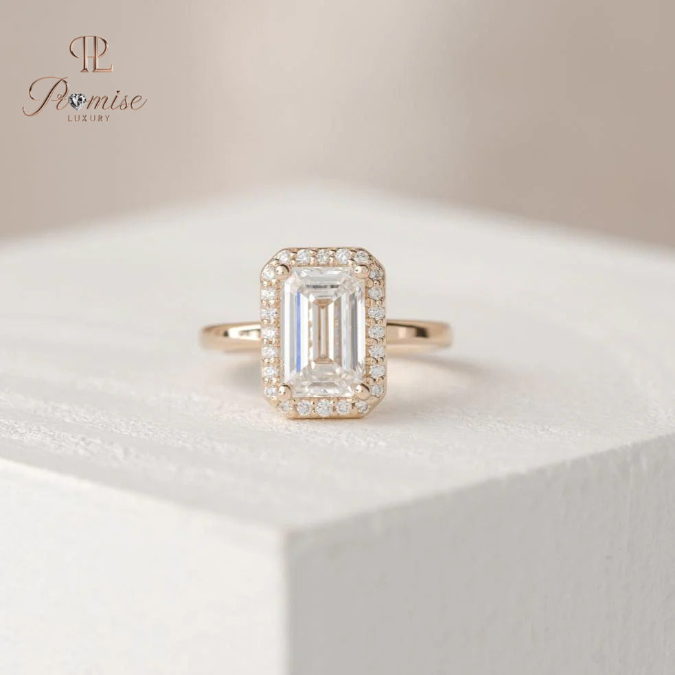 Emerald Cut Halo Diamond Ring – Minimalist Elegant Engagement Ring